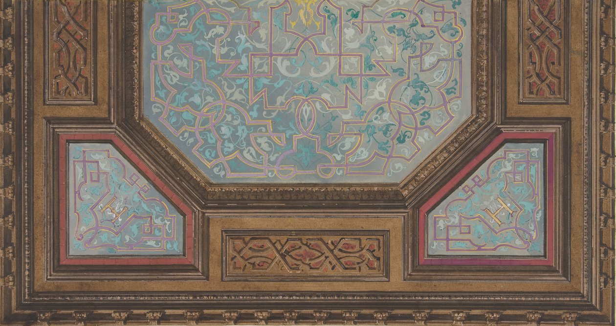 Design for malt dekorasjon av et kofferttak med monogrammet: H, 1830-97. Skapere: Jules-Edmond-Charles Lachaise, Eugène-Pierre Gourdet. av Jules Edmond Charles Lachaise and Eugène Pierre Gourdet