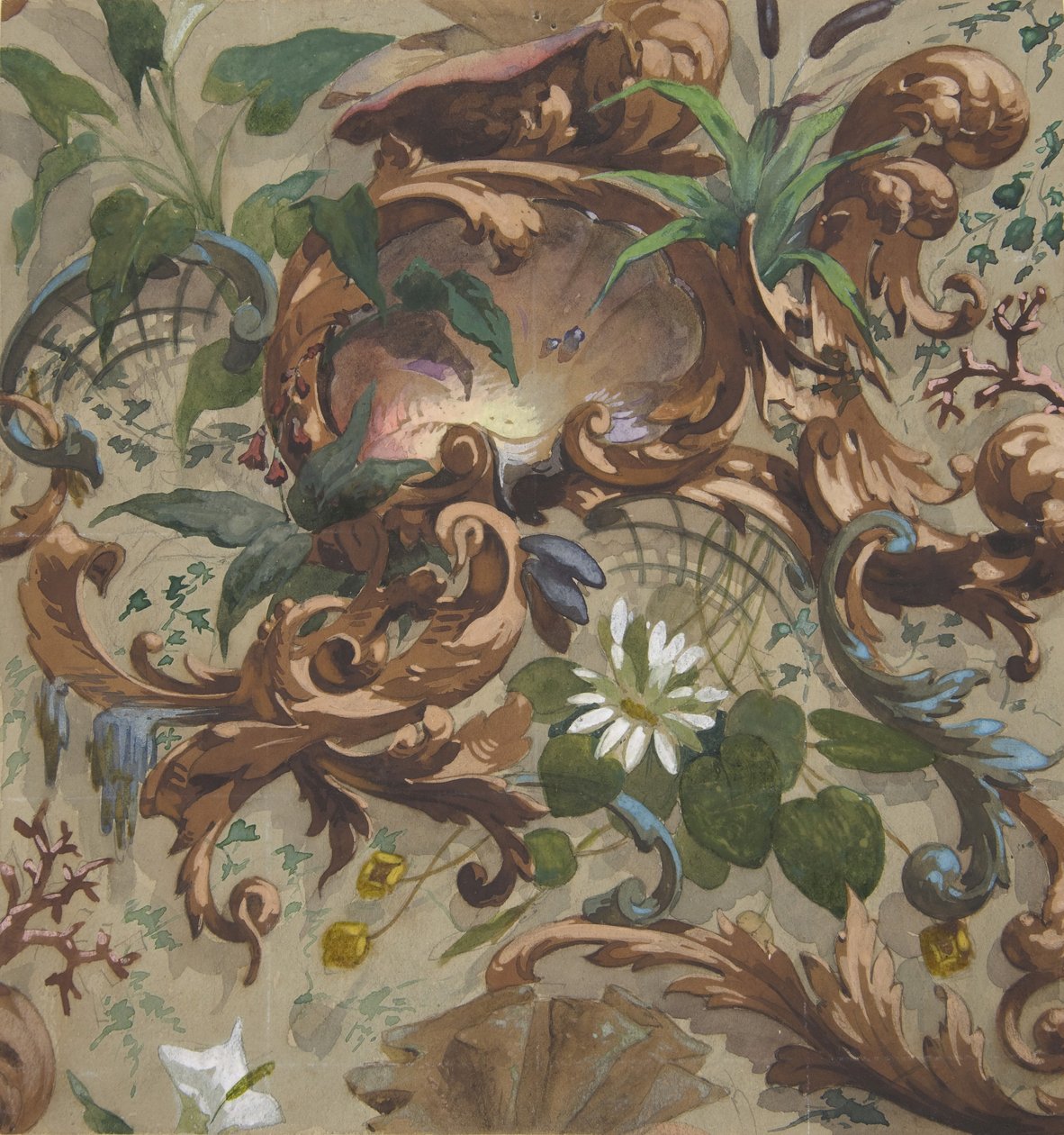 Design for tapeter med skjell, vannliljer og nøster, 1830-97. Skapere: Jules-Edmond-Charles Lachaise, Eugène-Pierre Gourdet. av Jules Edmond Charles Lachaise and Eugène Pierre Gourdet