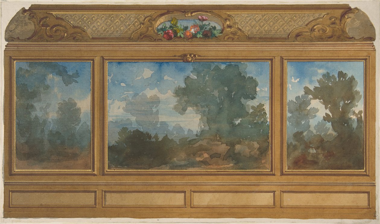 Forhøyning av et panelt interiør dekorert med malte landskap og viker med..., 1830-97. Skapere: Jules-Edmond-Charles Lachaise, Eugène-Pierre Gourdet. av Jules Edmond Charles Lachaise and Eugène Pierre Gourdet
