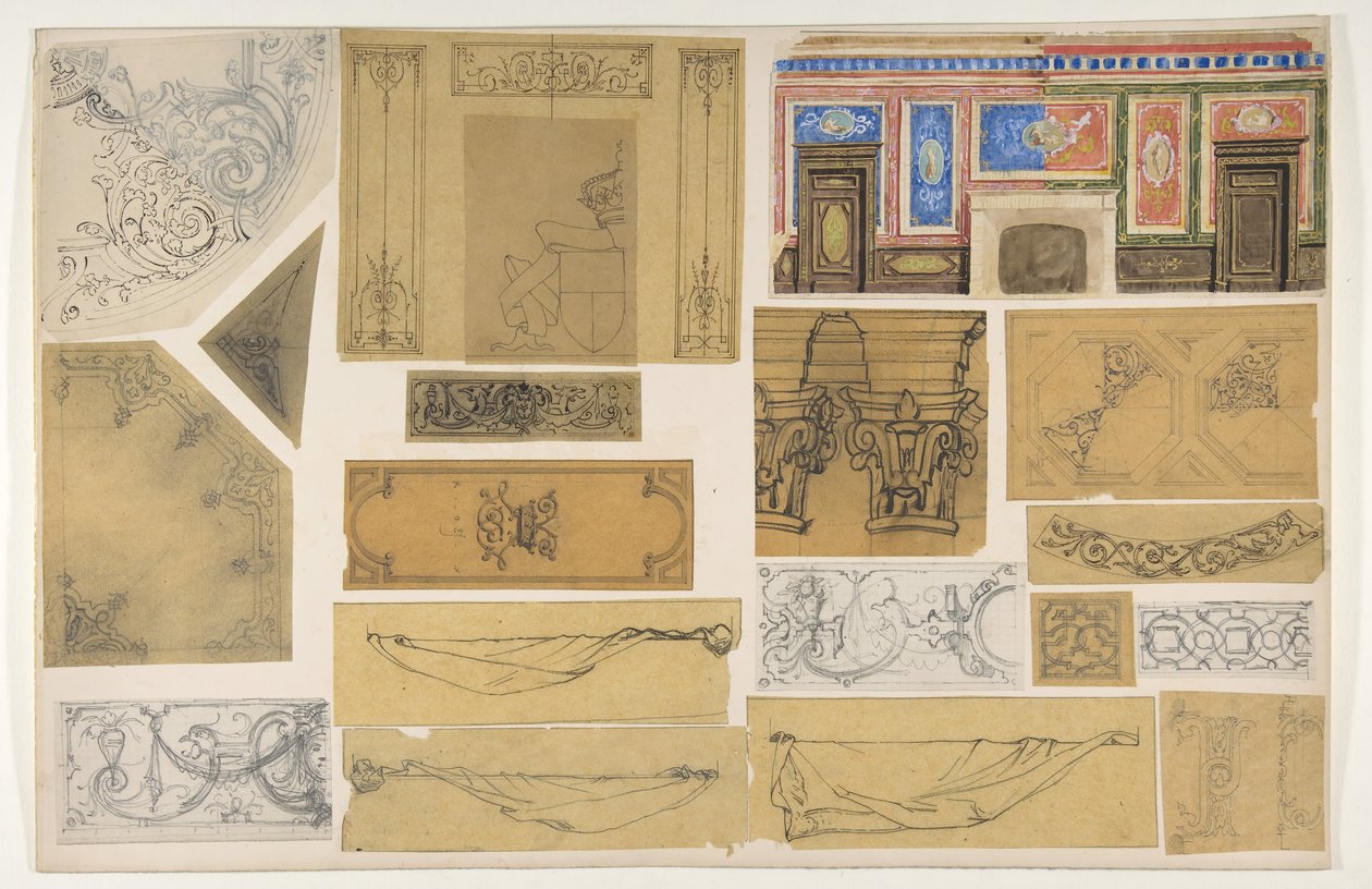 Nitten design for malt dekorasjon av interiør, 1830-97. Skapere: Jules-Edmond-Charles Lachaise, Eugène-Pierre Gourdet. av Jules Edmond Charles Lachaise and Eugène Pierre Gourdet