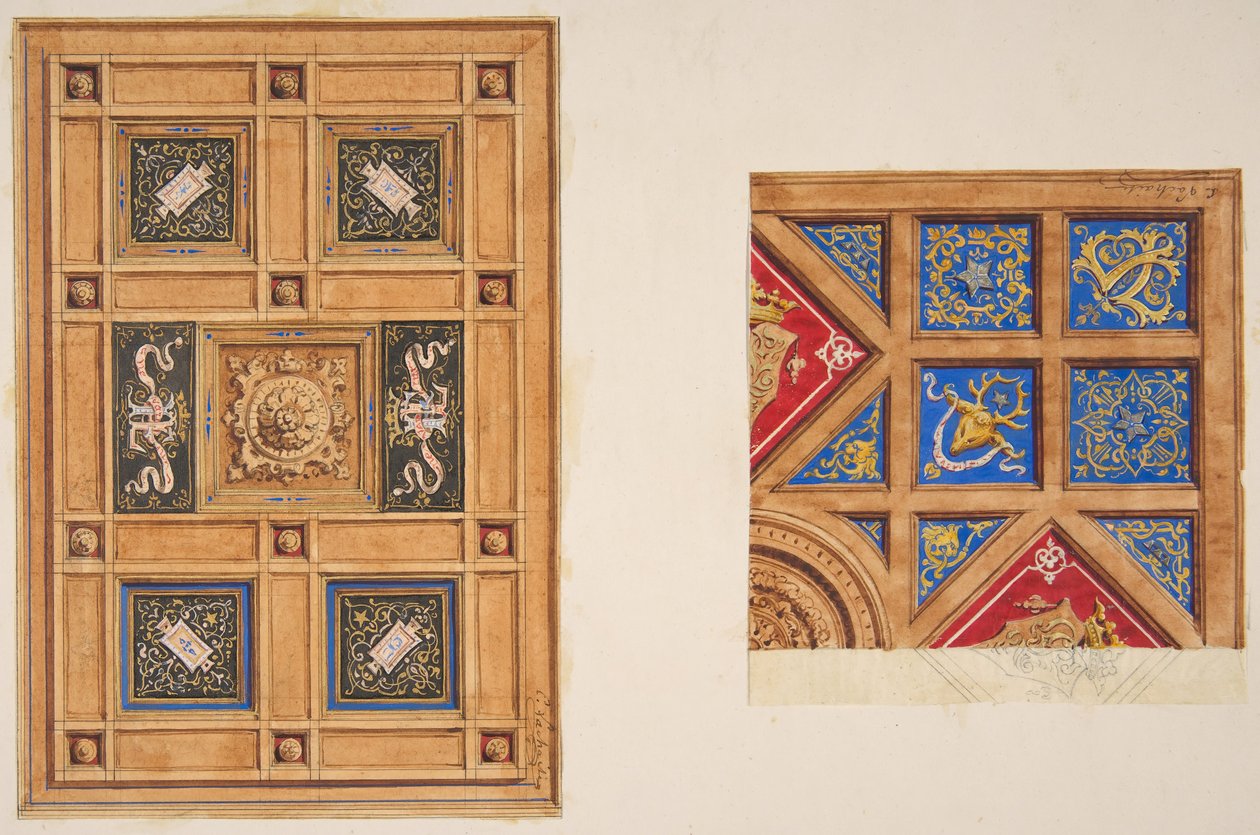 To design for paneltak med malt dekor, 1800-tallet. Skapere: Jules-Edmond-Charles Lachaise, Eugène-Pierre Gourdet. av Jules Edmond Charles Lachaise and Eugène Pierre Gourdet