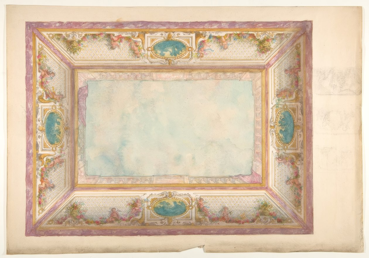 Design for et tak med trompe loeil balustrade og putti av Jules Edmond Charles Lachaise