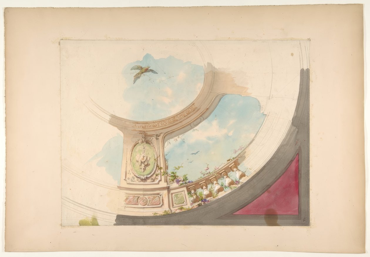 Design for et tak med trompe loeil balustrade og himmel av Jules Edmond Charles Lachaise