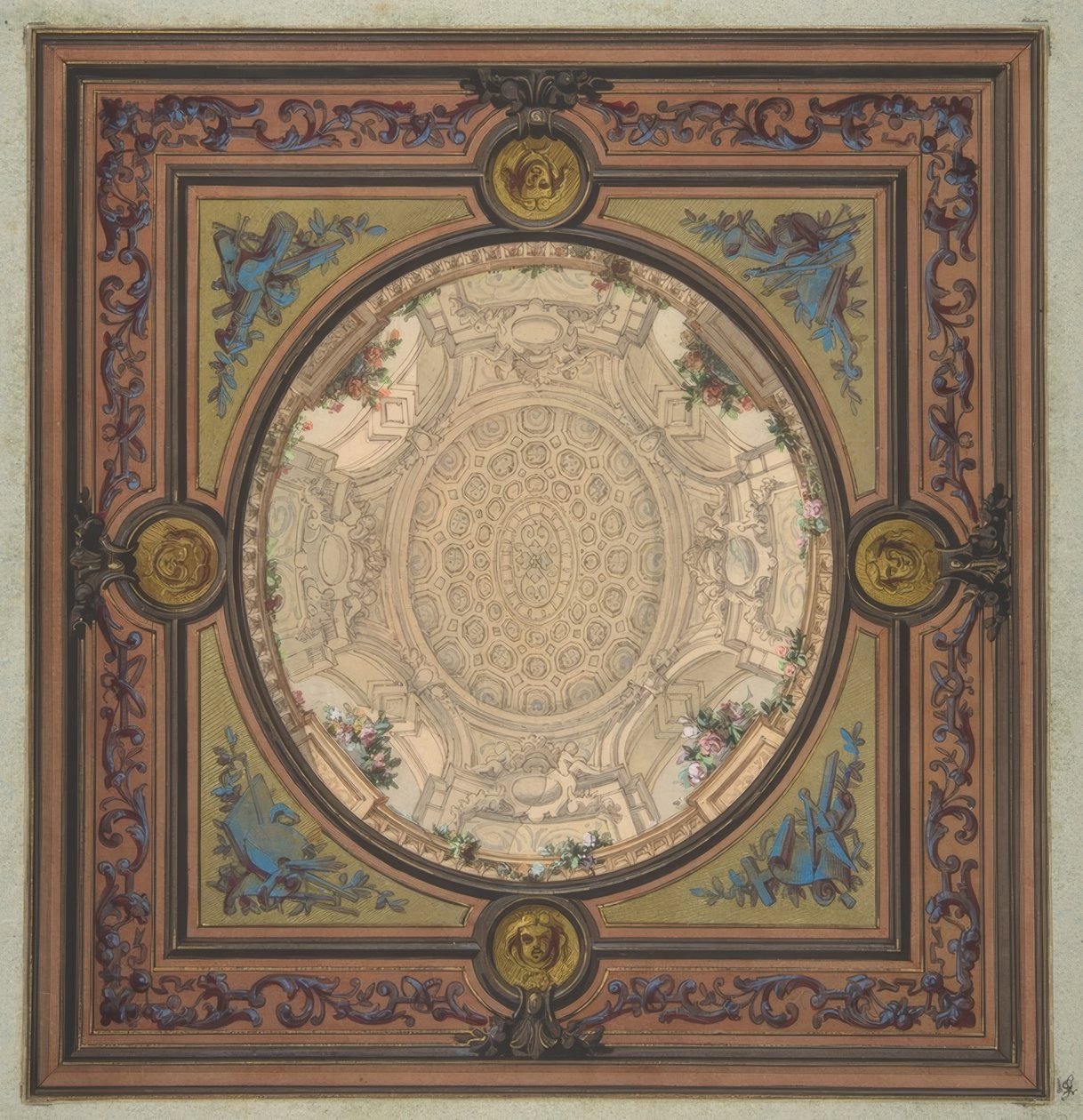 Design for utsmykning av et tak med et trompe loeil-maleri av en kuppel av Jules Edmond Charles Lachaise