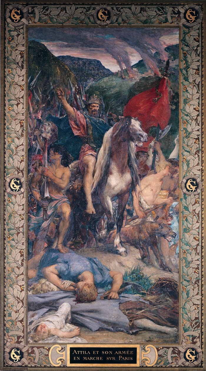 Attila (ca. 406-453) og hans hær marsjerte mot Paris av Jules Elie Delaunay