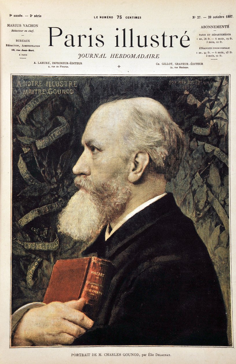 Portrett av Charles Gounod (Med partituret til Don Giovanni (Don Juan) av Mozart) basert på portrettet av Elie Delaunay. Gravering fra 1887 i "" Paris-Illustrous journal weekly"". av Jules Elie Delaunay