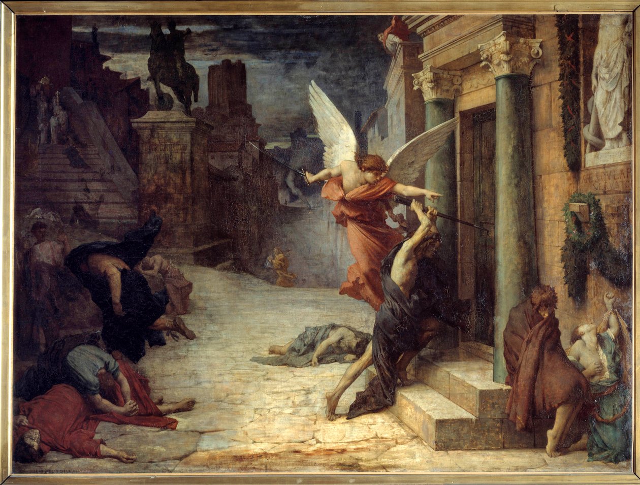 Pesten i Roma Allegorisk fremstilling av blomsten som bryter gjennom dørene. Maleri av Jules Elie Delaunay (1828-1891) 1869. Dim. 1,31 x 1,76 m Paris, musee d