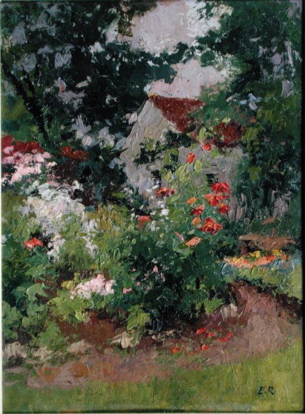 Studioet på Romeny, hus og hage (spisestue) av Jules Ernest Renoux