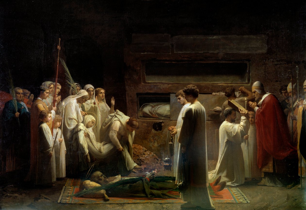 Martyrene ved katakombenes kristne religiøse forsamling ved begravelsen til de første kristne i Roma. Maleri av Jules Lenepveu (1819-1898) 1855 Søn. 1,7x3,36 m Paris, musee d