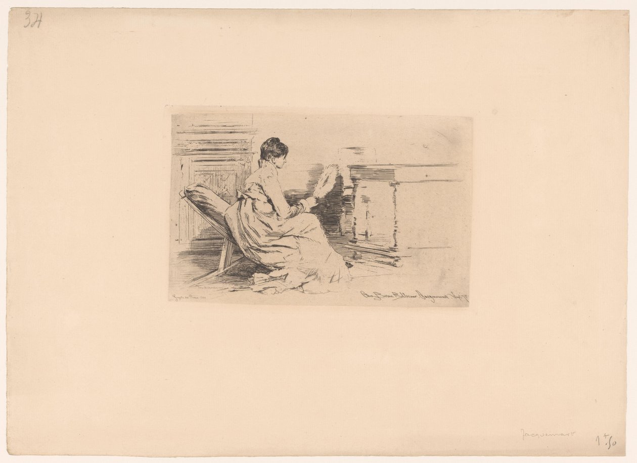 Kvinne med vifte i lav stol av Jules Ferdinand Jacquemart (attributed to)