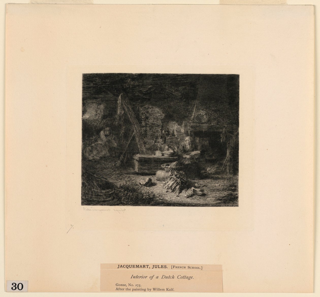 Interiør i en nederlandsk hytte, fra "Etchings of Pictures in the Metropolitan Museum, New York" av Jules Ferdinand Jacquemart
