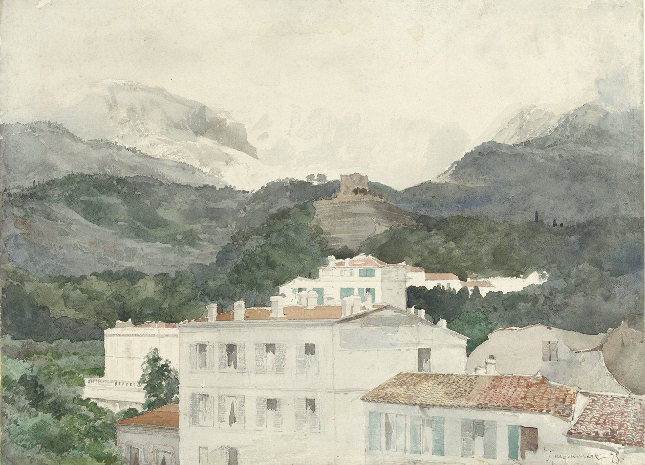 Landhus ved foten av fjellene, høye fjell foran, La Turbie av Jules Ferdinand Jacquemart