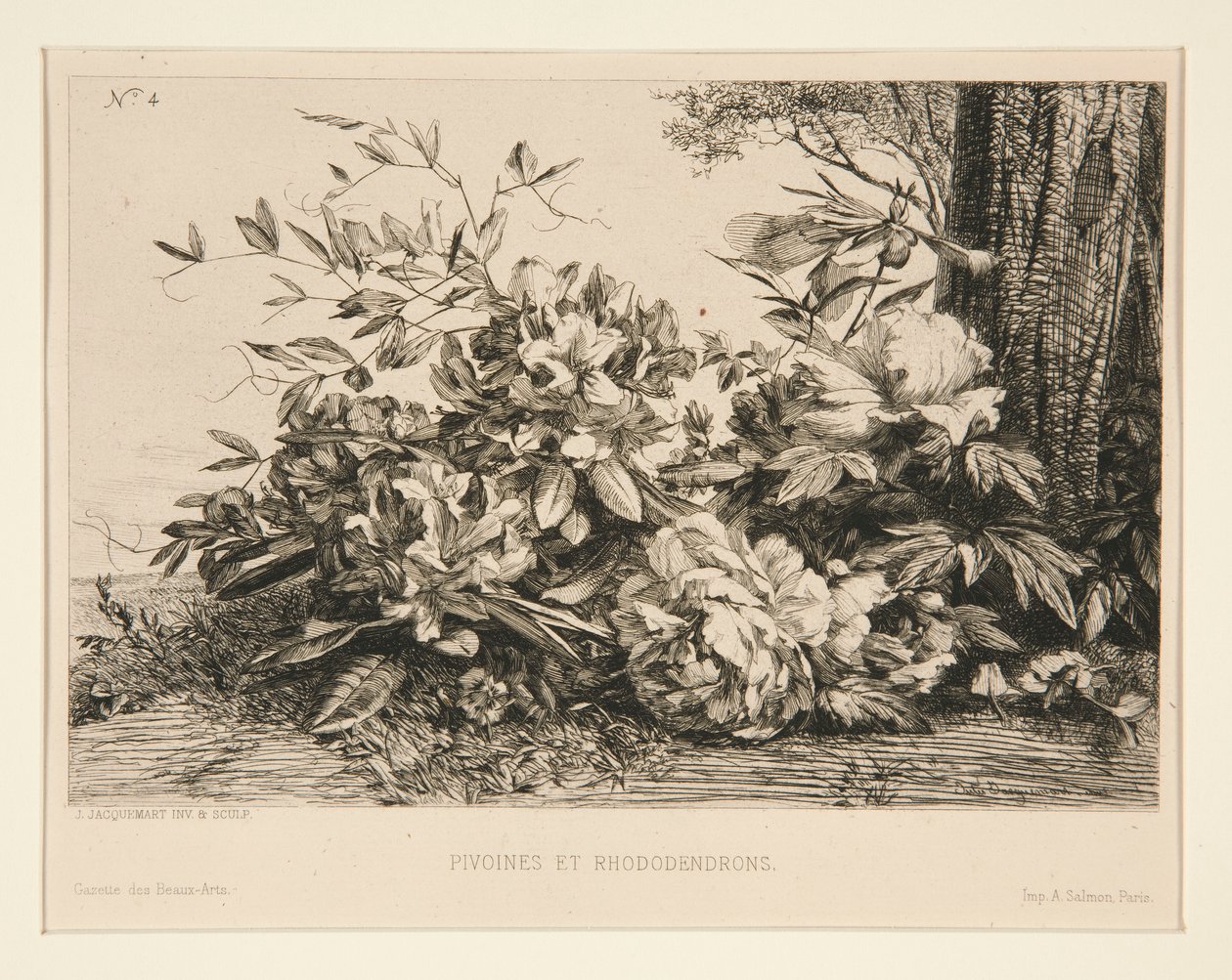 Peoner og Rhododendron av Jules Ferdinand Jacquemart