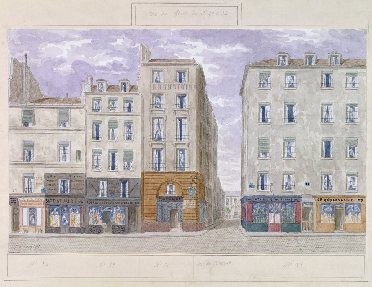 No.28 to No.34 Rue du Four, Paris, Frankrike, 1893 (wc på papir) av Jules Gaildrau