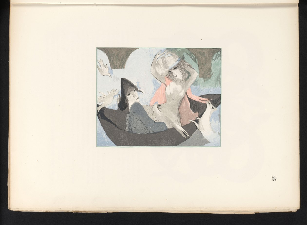 To kvinneskikkelser med fugler og en hund av Jules Germain