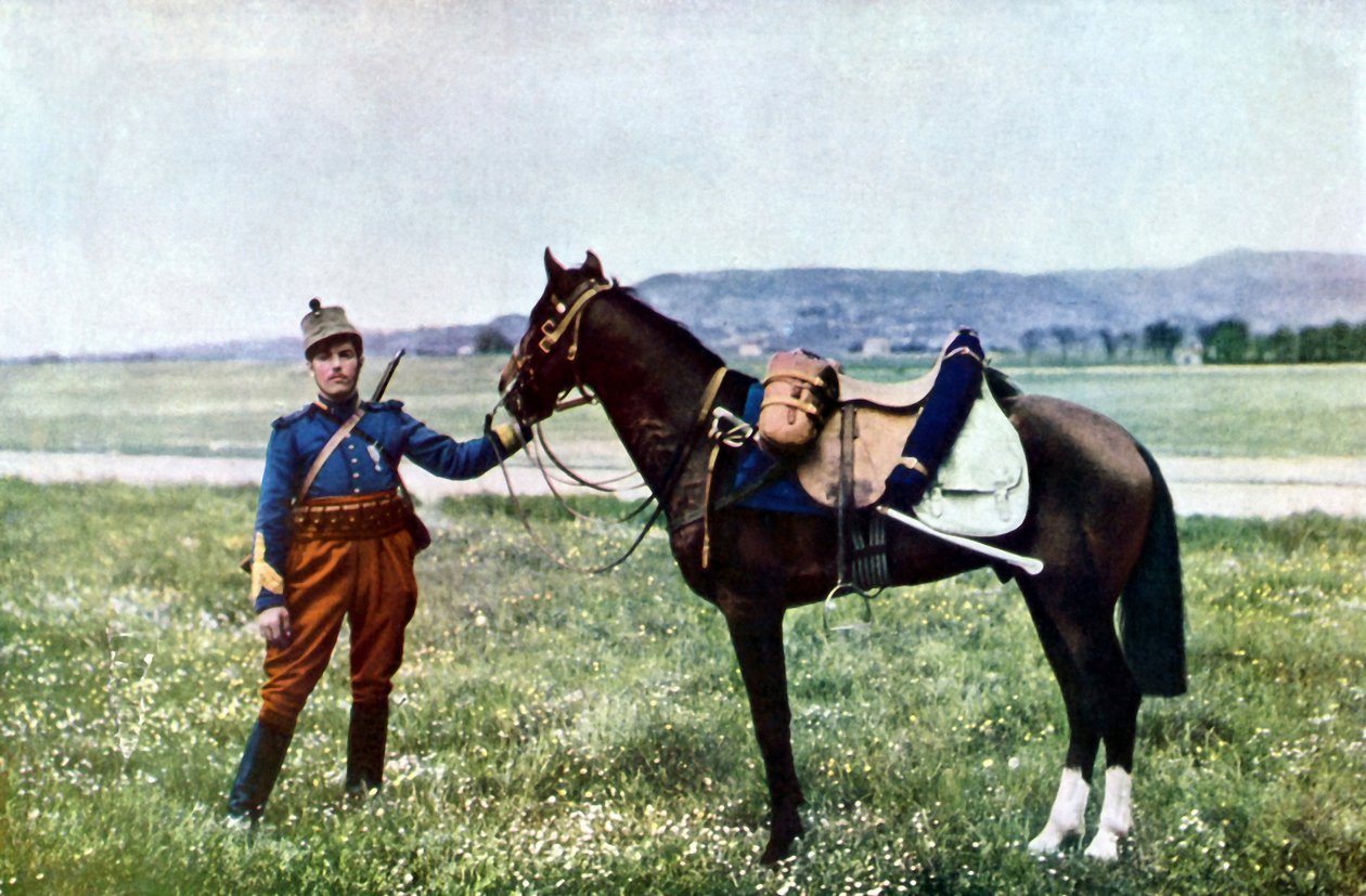 En fransk brigader og hesten hans under slaget ved Marne øst for Paris, september 1914 (autokrom) av Jules Gervais Courtellemont