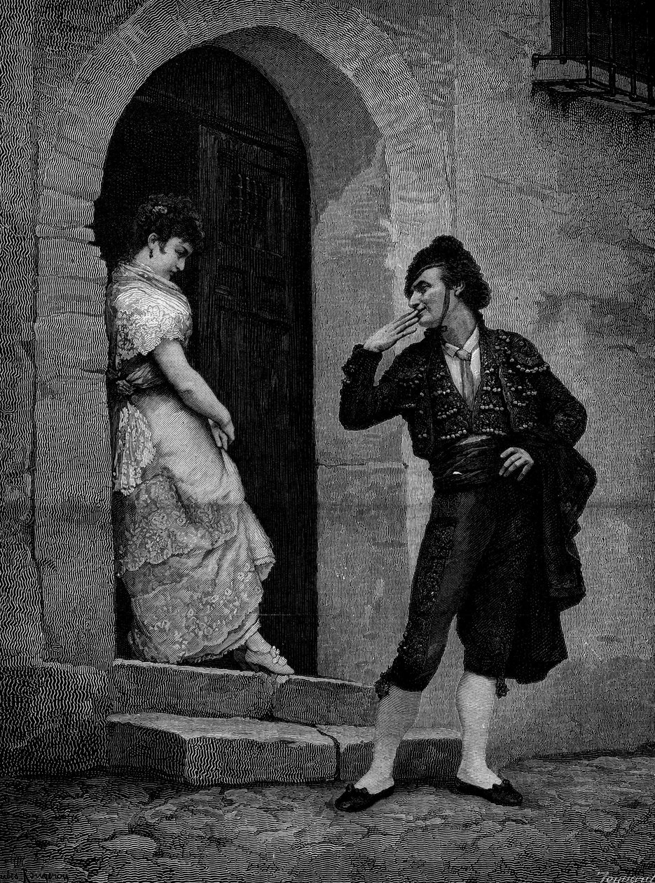 Starten på tyrefekteren for løpet. 1800-tallet. Gravering etter maleriet av Rougeron (Jules James Rougeron av Jules James Rougeron