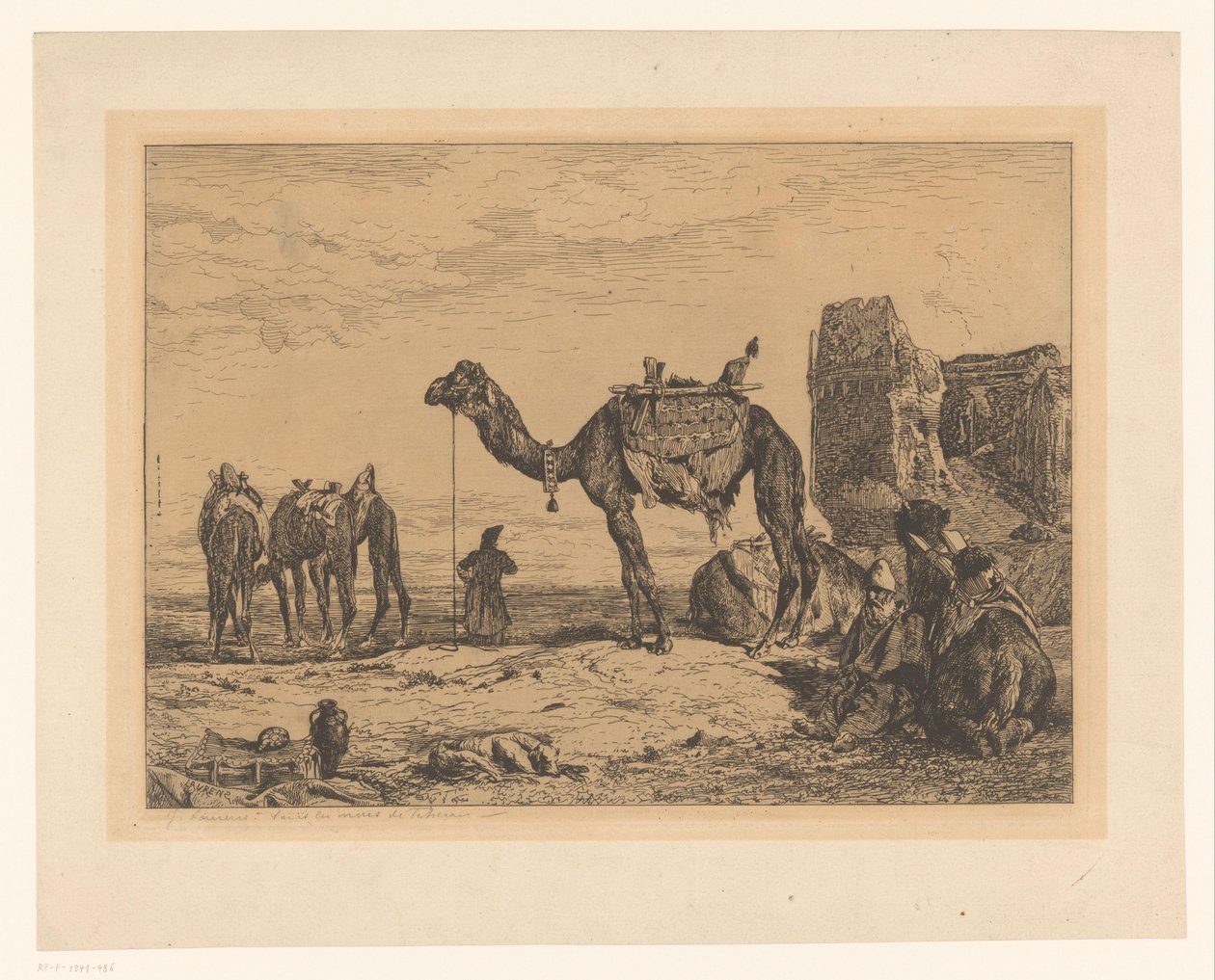 Landskap med kameler i ruin Sous les murs de Teheran (Perse) av Jules Joseph Augustin Laurens (signed by artist)