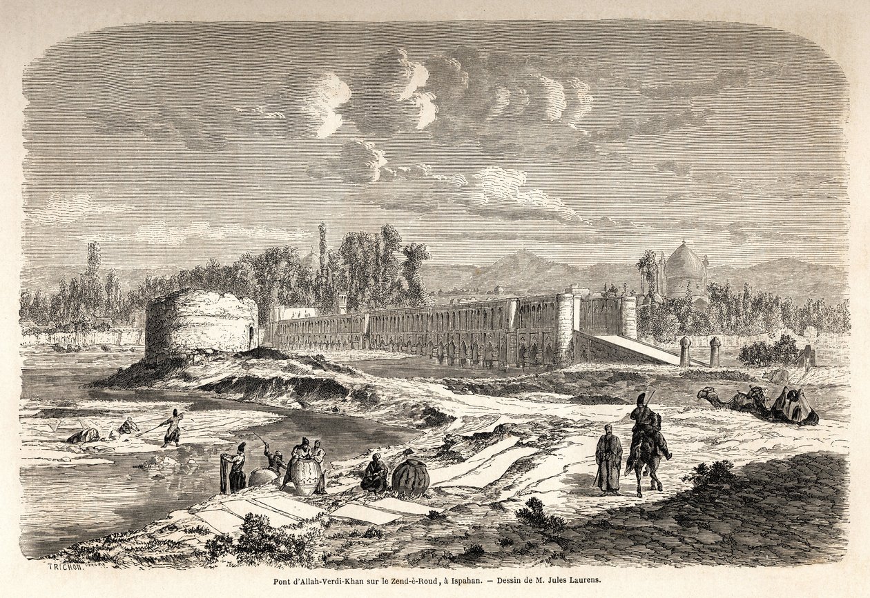 Broen Allah Verdi Kahn, erige rundt 1608, i Isfahan (eller Isfahan) (Iran), er både et kryssingspunkt for å krysse elven Zend e Roud, men også en demning for å regulere elvens løp, med en Talar, eller kiosk av speil, hvor den persiske herskeren kunne ob av Jules Joseph Augustin Laurens