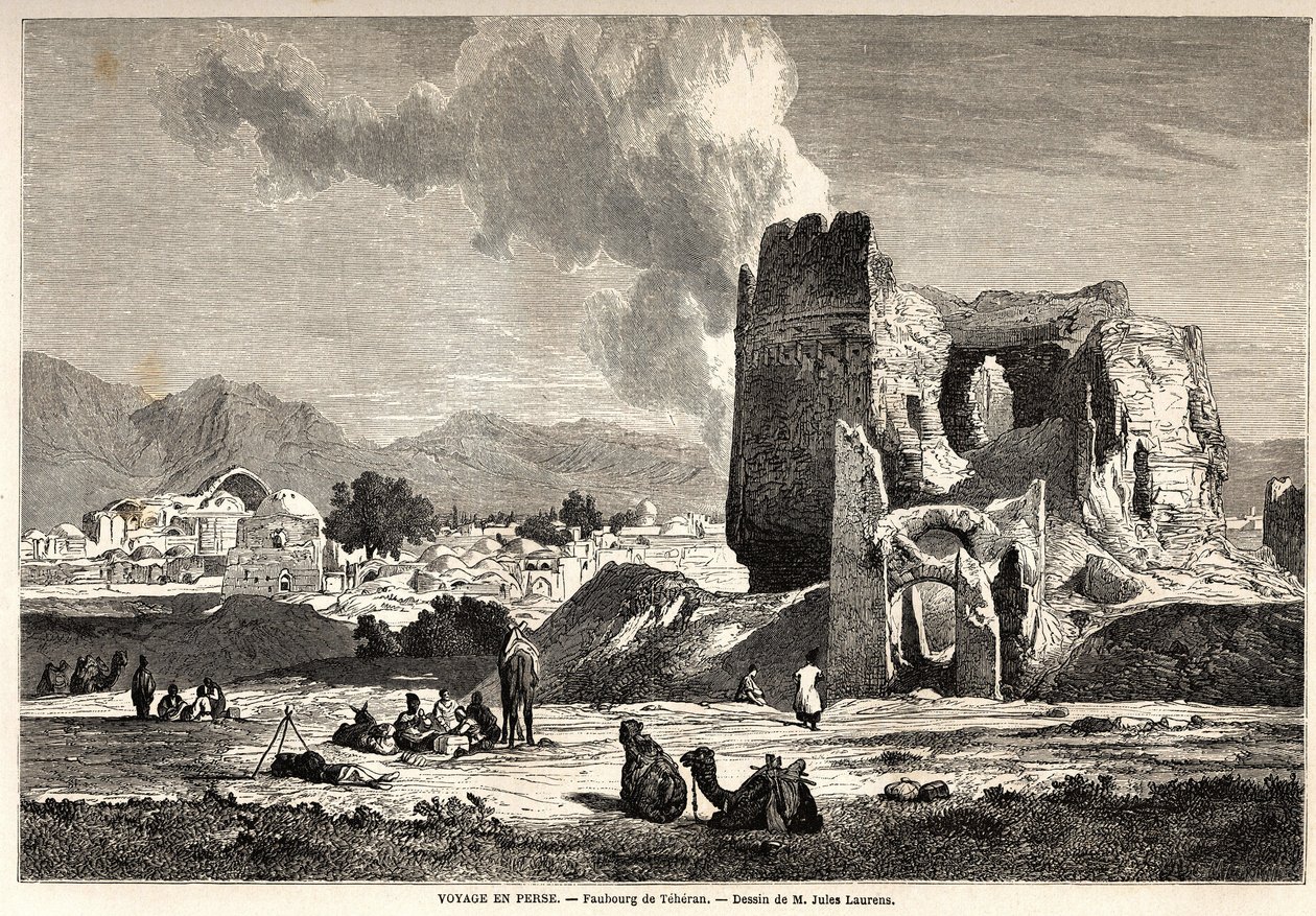 Forstedene til Teheran (dagens Iran). Tegning av Jules Laurens (1825-1901), for å illustrere Arthur Gobineaus reise til Persia fra 1855 til 1858. Gravering i “” Le tour du monde, nouveau journal des voyages”” Paris av Jules Joseph Augustin Laurens