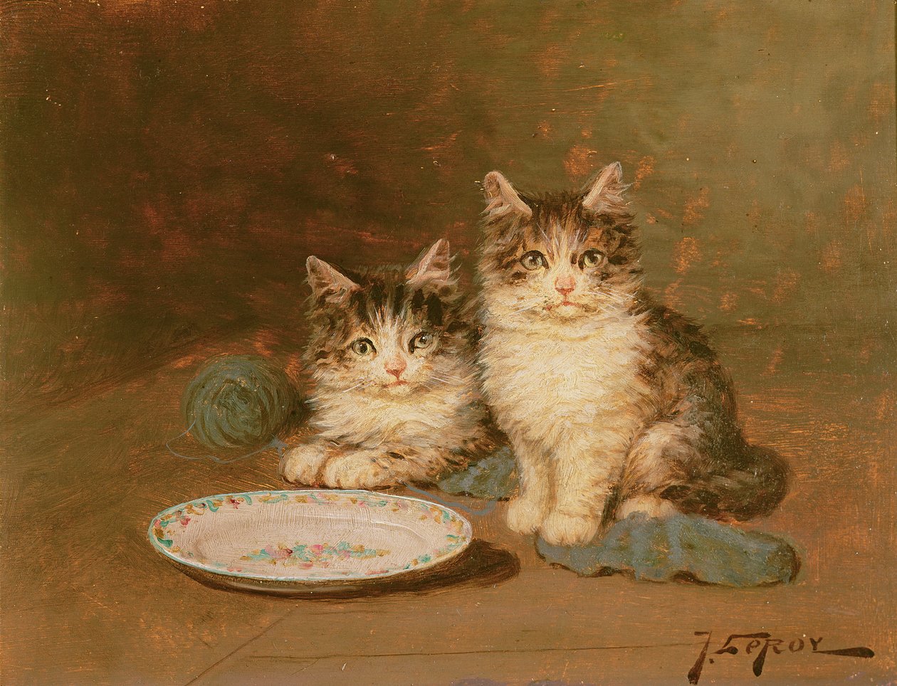 To kattunger med en tom bolle (olje på panel) av Jules Leroy