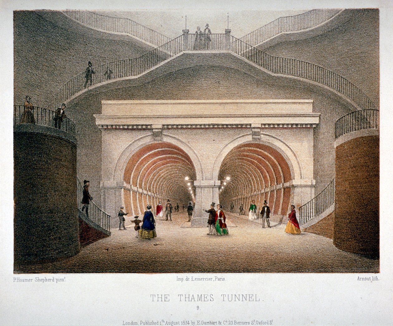 Utsikt over inngangen til Thames Tunnel, London, 1854 av Jules Louis Arnout