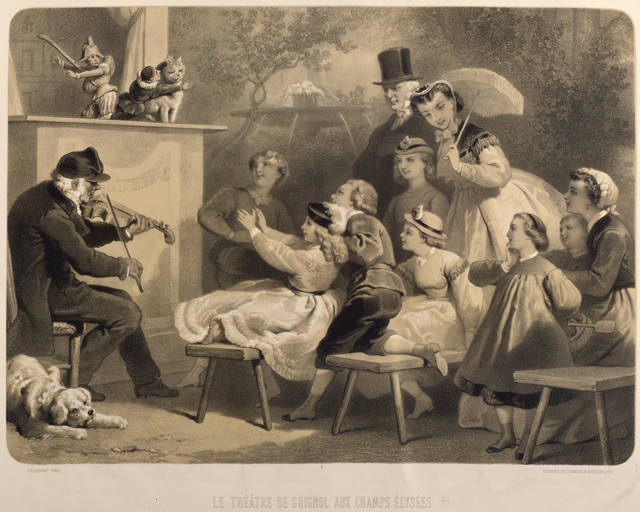 Teater Guignol, Champs-Elysees, gravert av Claude Regnier (fl.1840-66) Bettanier og Morion av Jules Marie Desandre