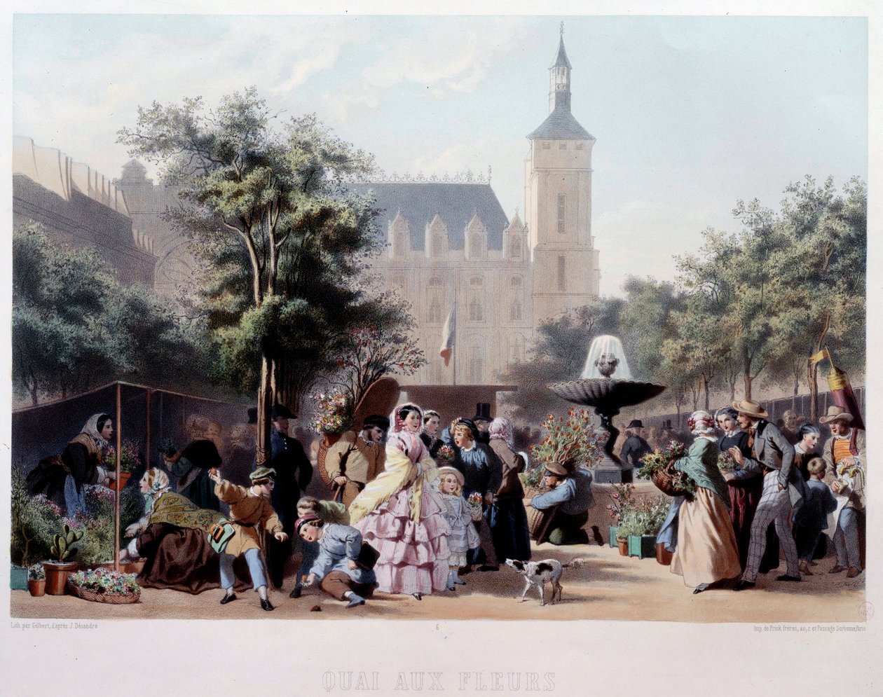 Utsikt over Quai aux Fleurs i Paris Turen på Ile de la Cite. Litografi av Jules Marie Desandre (1845-?) Paris fra 1800-tallet, Musee Carnavalet av Jules Marie Desandre