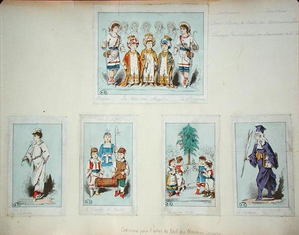 Kostymer til Alsace-Lorraine juletre (farget gravering) av Jules Marre