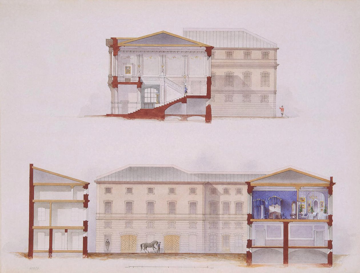 Stroganov-palasset i St. Petersburg. Plan over fasaden og seksjonen, 1865 av Jules Mayblum