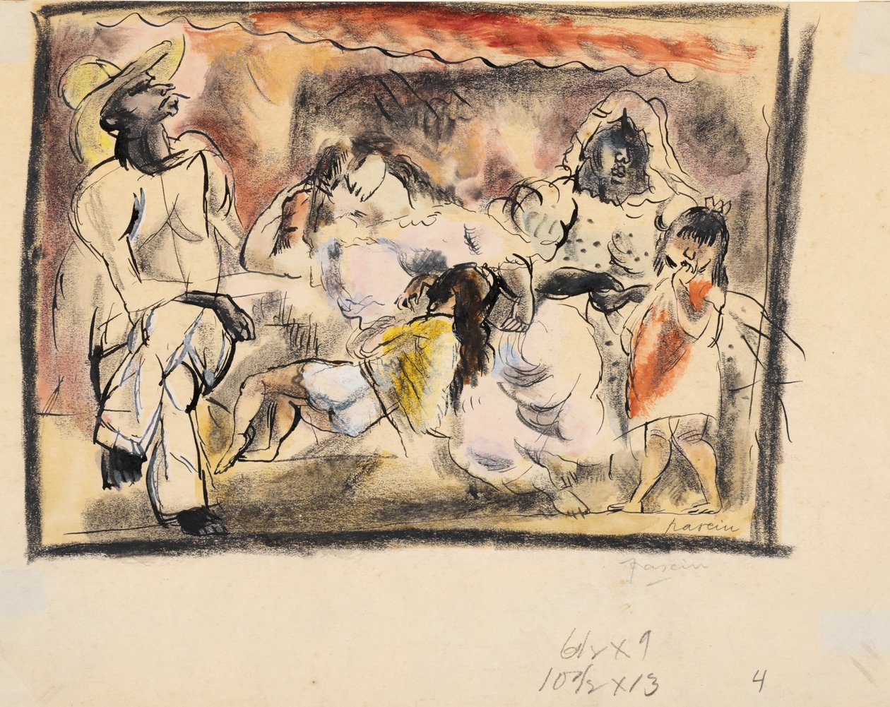 En mann, to kvinner, to barn (wc på papir) av Jules Pascin