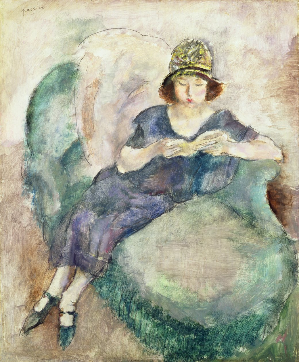 Jente i blått som leser på en sofa, 1926-27 av Jules Pascin