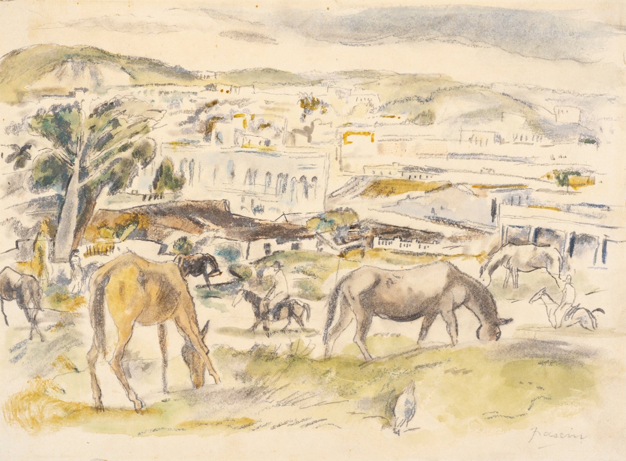 Hester i landskap (wc på papir) av Jules Pascin