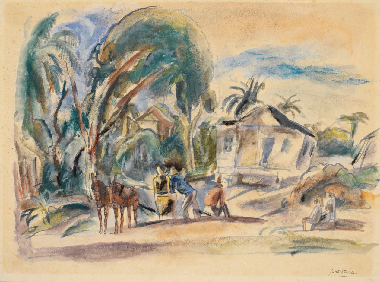Landskap, hus og tre (wc på papir) av Jules Pascin