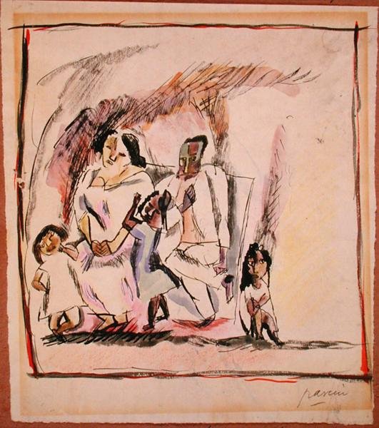 Mor, far og tre barn (akvarell på papir) av Jules Pascin