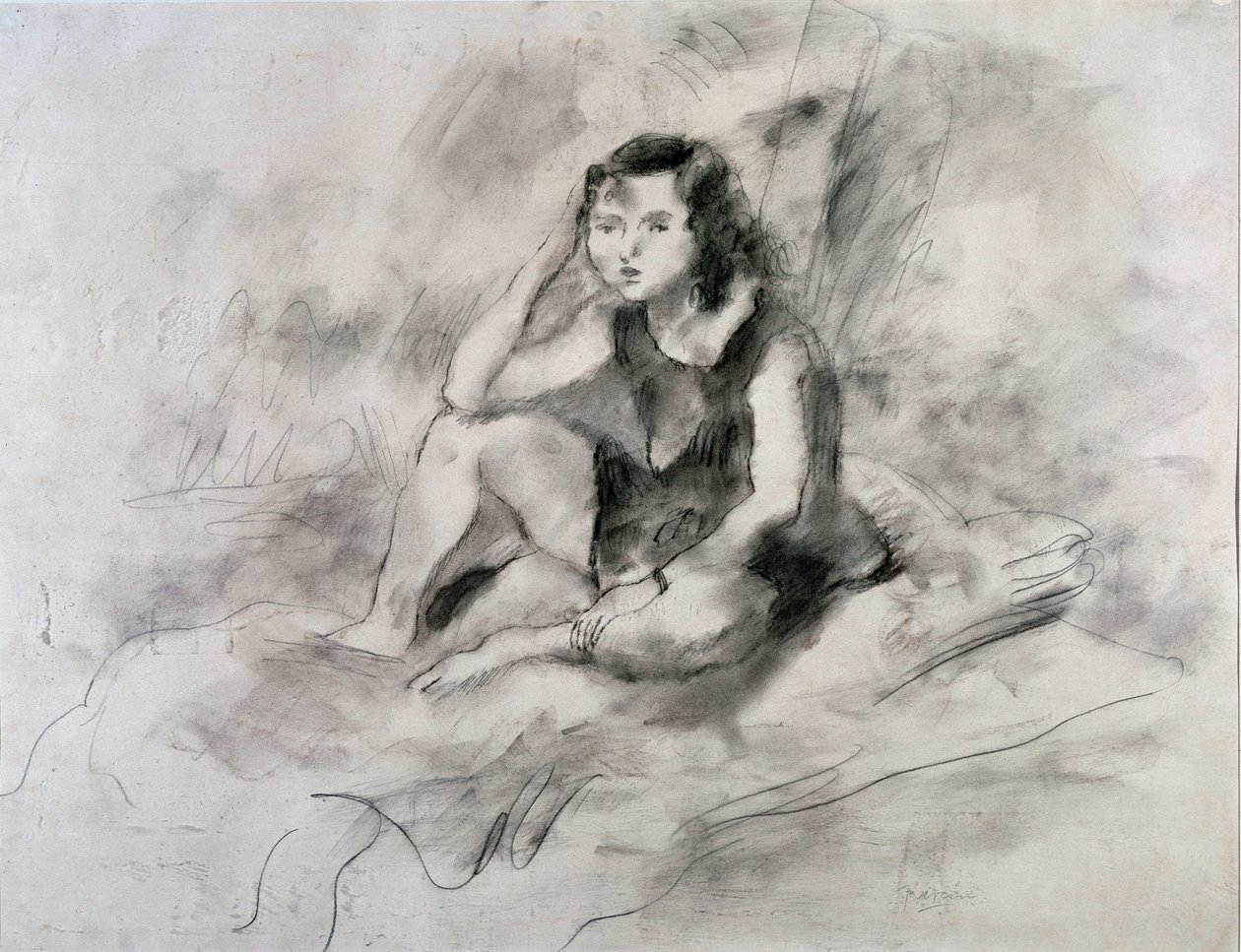 Sittende jente (akvarell og blekk, ca. 1910) av Jules Pascin