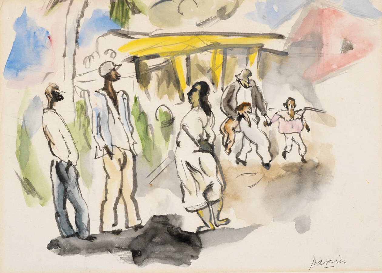 Sørlig scene: Fire svarte, to barn (wc på papir) av Jules Pascin
