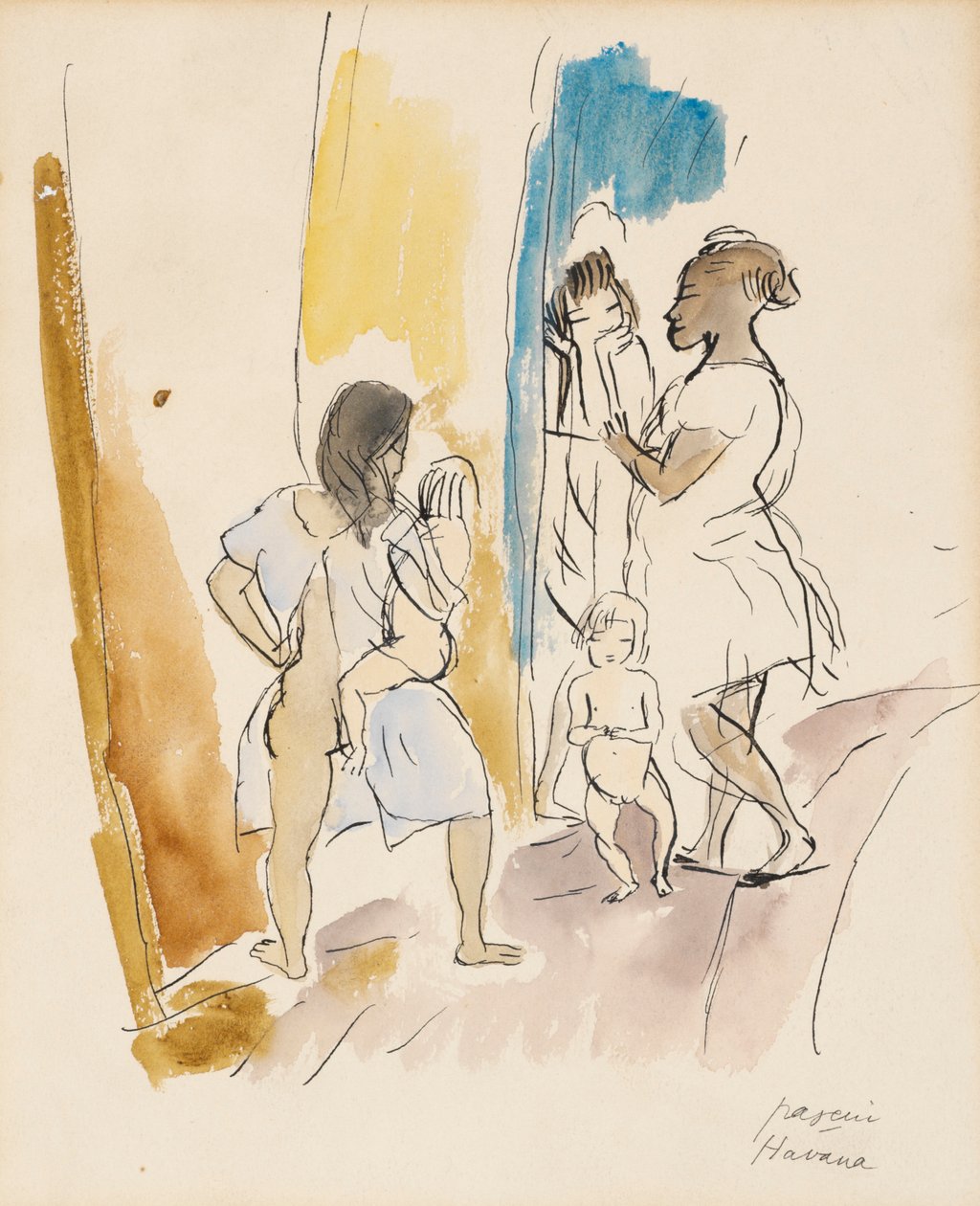 Tre kvinner og to barn, Havana (wc på papir) av Jules Pascin
