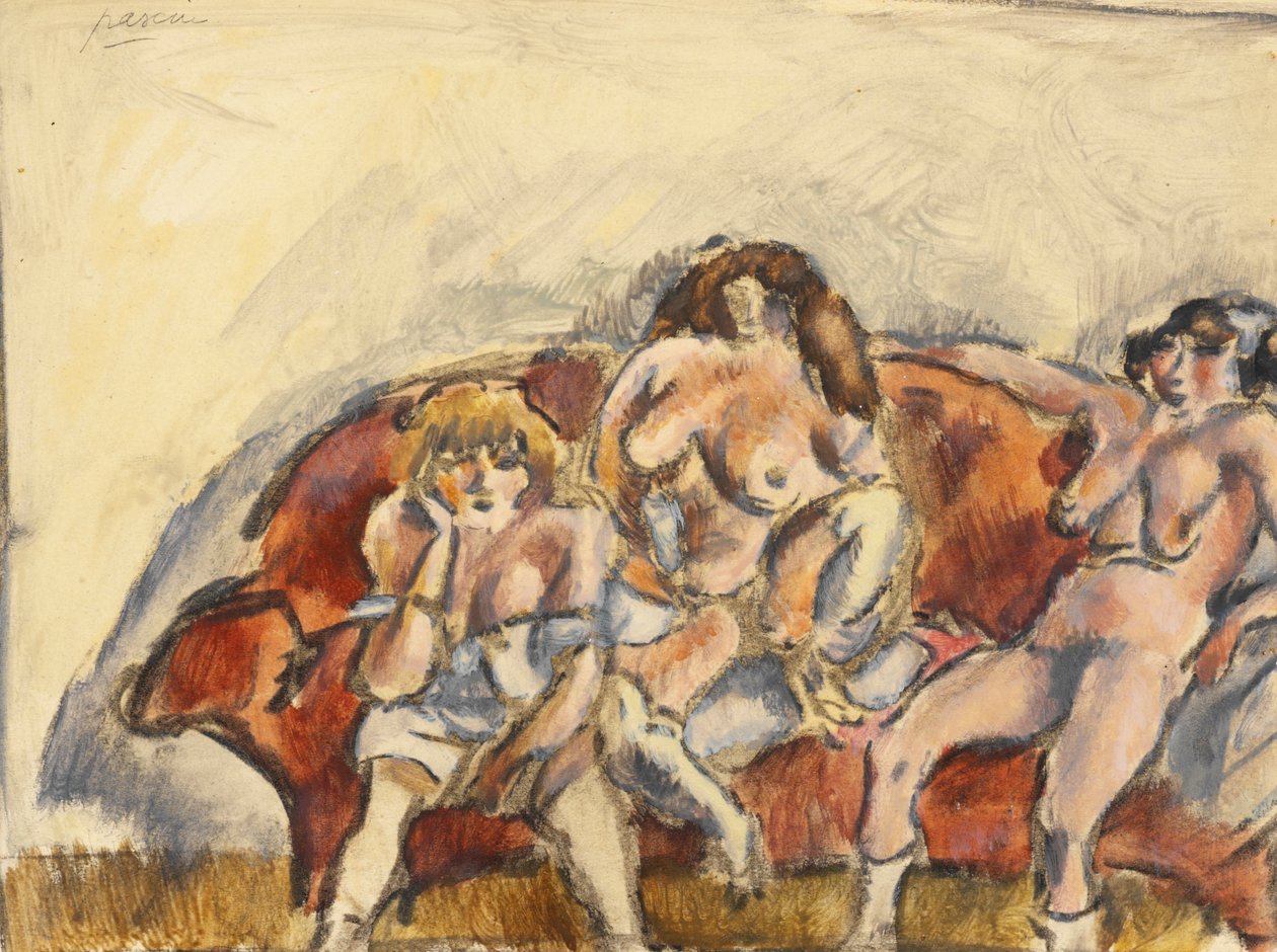 Tre kvinner på en rød sofa av Jules Pascin