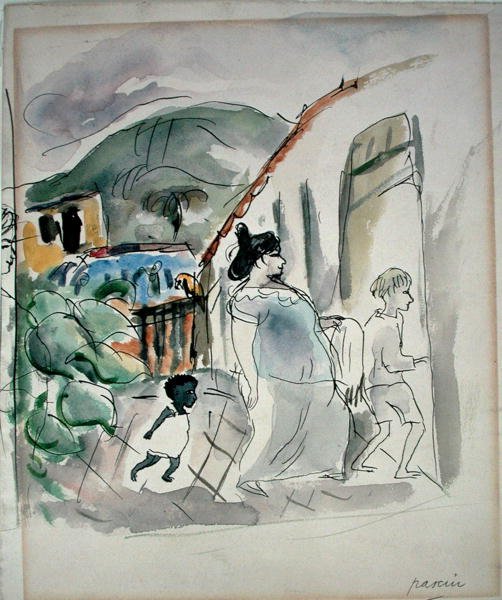 Kvinne og to barn (akvarell på papir) av Jules Pascin