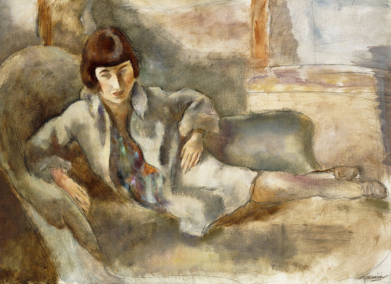 Kvinne på en sofa; Damen på sofaen, ca. 1927 av Jules Pascin