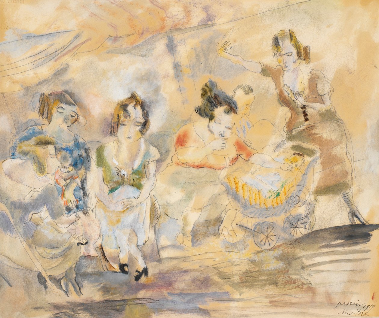 Kvinne med barnevogn, New York, 1919 (wc på papir) av Jules Pascin