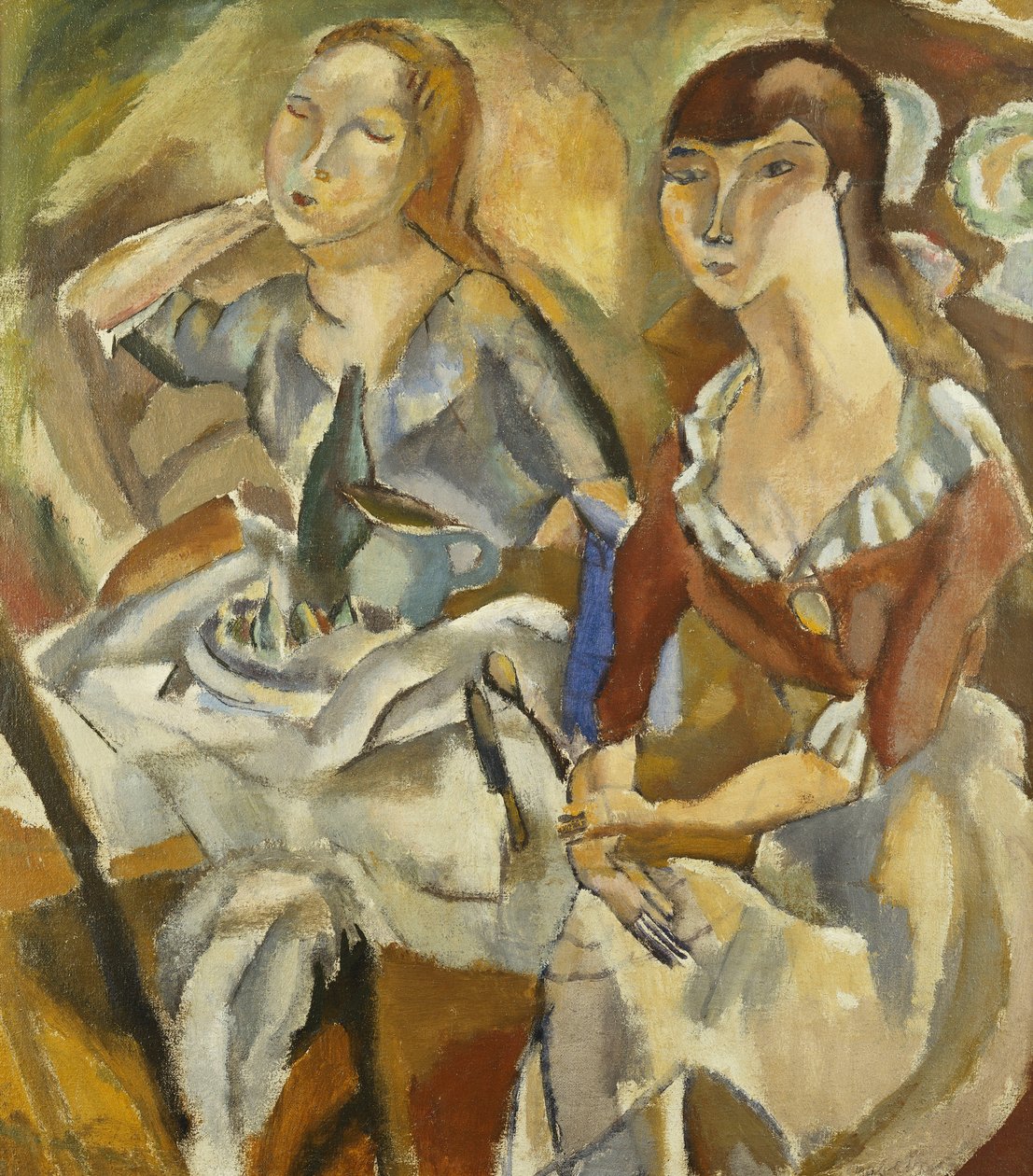 Unge kvinner ved et bord; Young Girls At Tables (Recto), ca. 1915-1919 (olje på lerret) av Jules Pascin