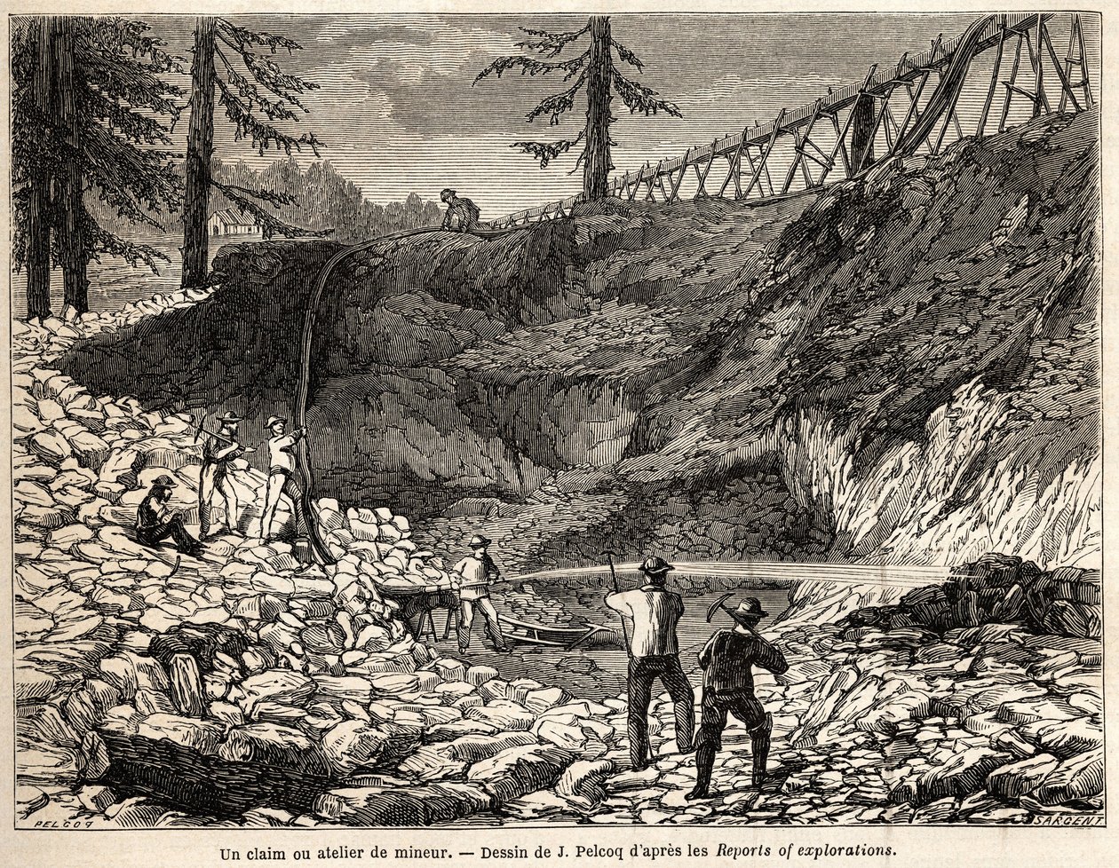 Et gruvekrav eller verksted i California, tegning av Jules Pelcoq, for å illustrere historien om Baron de Wogans tur til California i 1850-1852. Gravering i "" Le tour du monde, nouveau journal des voyages"" Paris av Jules Pelcoq
