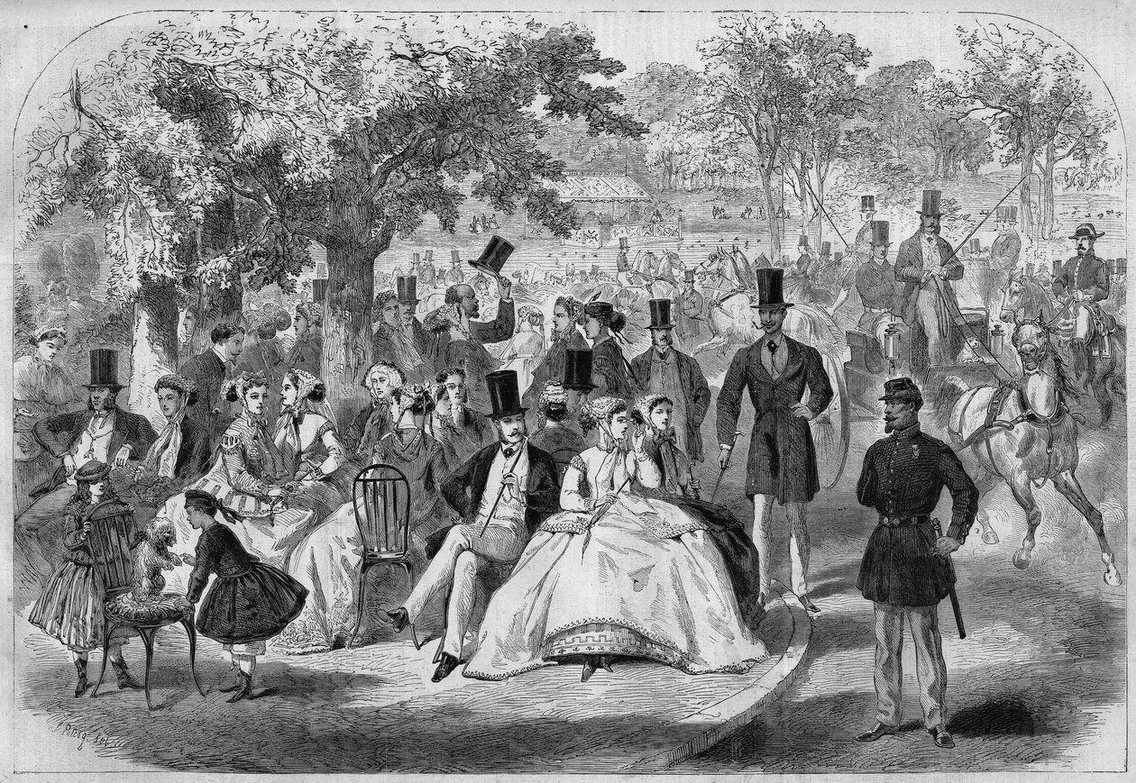 Parisisk livsscene, en ettermiddag ved Bois de Boulogne på 1800-tallet. Gravering etter tegning av Pelcoq. I "" L