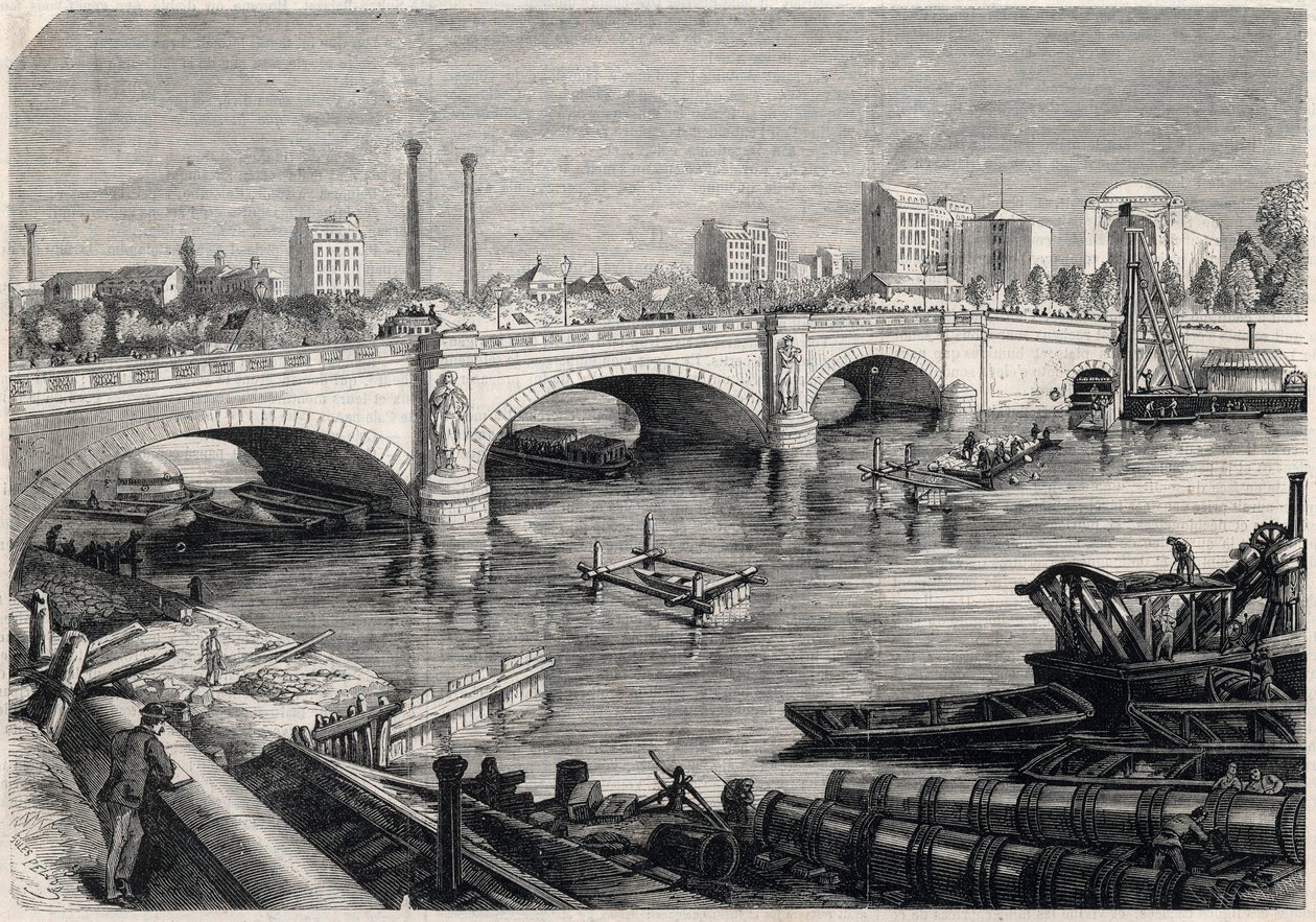 Transformasjoner av Paris under det andre imperiet, Haussmann Paris: arbeider utført foran broen til Alma i Paris for passasje av samlekloakken på bunnen av Seinen. Tegning av Jules Pelcoq. Gravering i "" The Illustrous Unive av Jules Pelcoq