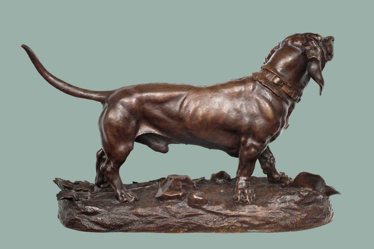 En Basset Hound (bronse med brun patina) av Jules Pierre Moigniez