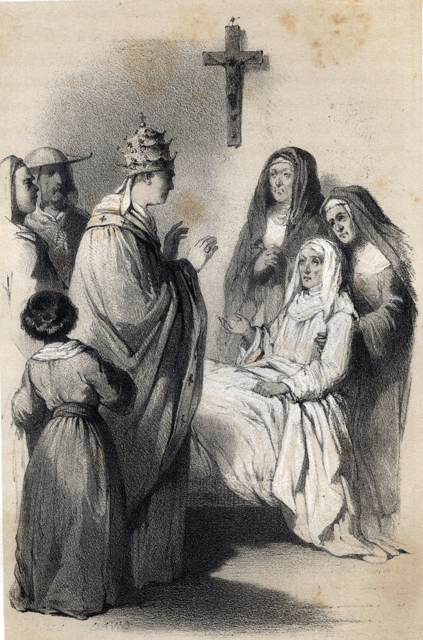 Representasjon av Saint Claire (Chiara) av Assisi (ca. 1192-1253), grunnlegger av den religiøse ordenen Clares i "The illustrious Women of Europe". Av grevinne Drohojowska, født Symon av Latreiche. Illustrerende tegninger av Jules David og Raunheim. rundt  av Jules and Raunheim Hermann David