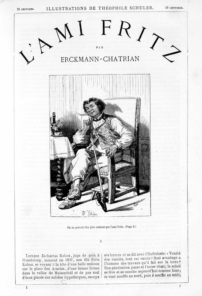 Fritz røyker pipe - Frontispice av "" The Friend Fritz"", av Erckmann-Chatrian, ill. av Théophile Schuler av Jules Theophile (after) Schuler