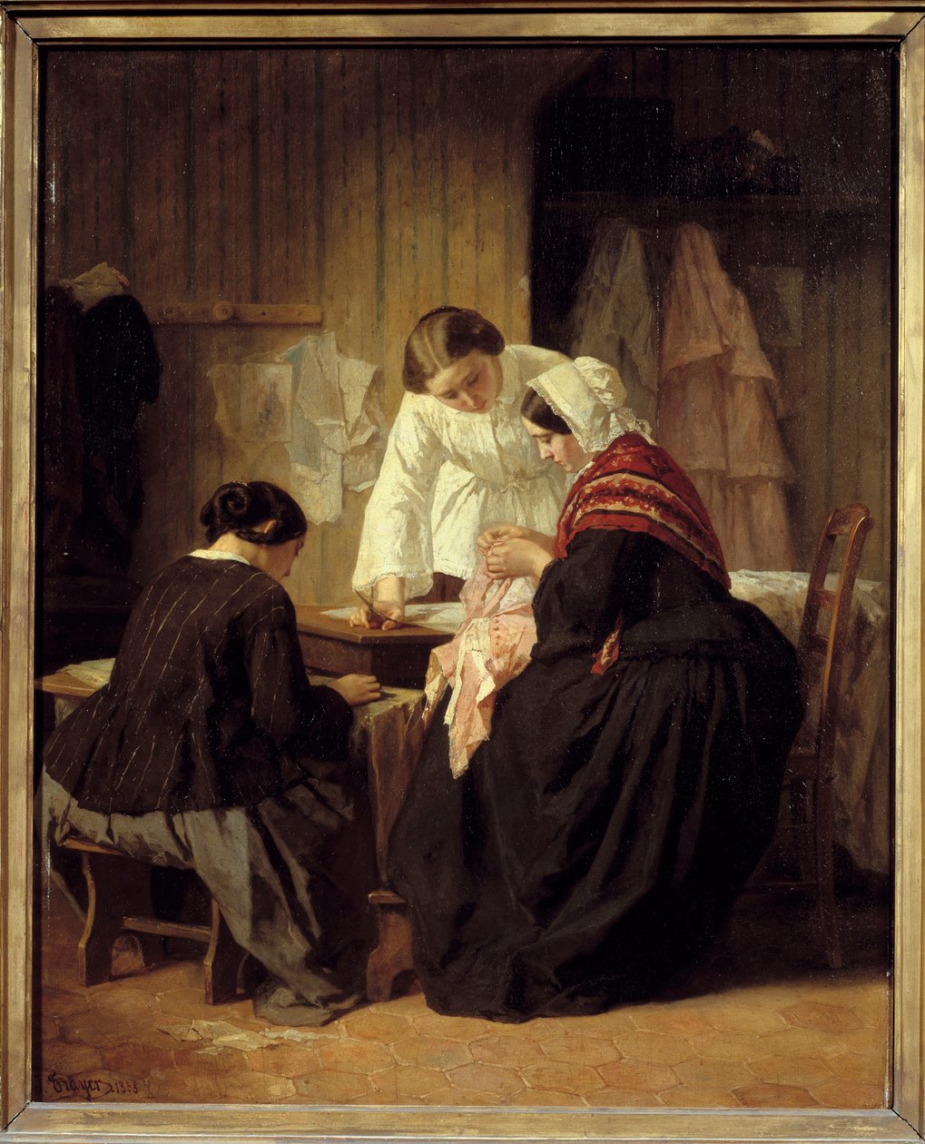 Tre kvinner syr. Maleri av Jules Trayer (1824 - 1909) av Jules Trayer